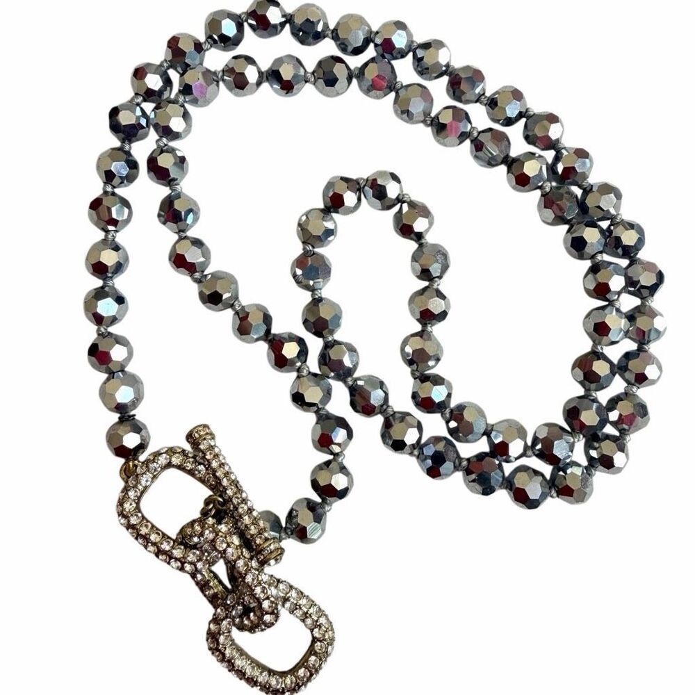 Heidi Daus Long Silver  Glass Beaded Necklace Rhinestone Clasp Statement Piece